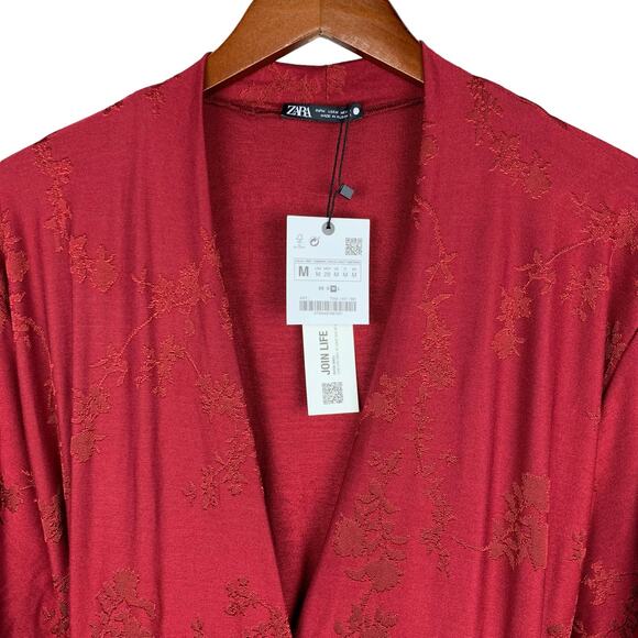 New Zara Jumpsuit Faux Wrap Neckline Red Jacquard Knit Short Sleeve Women’s M - Picture 5 of 12